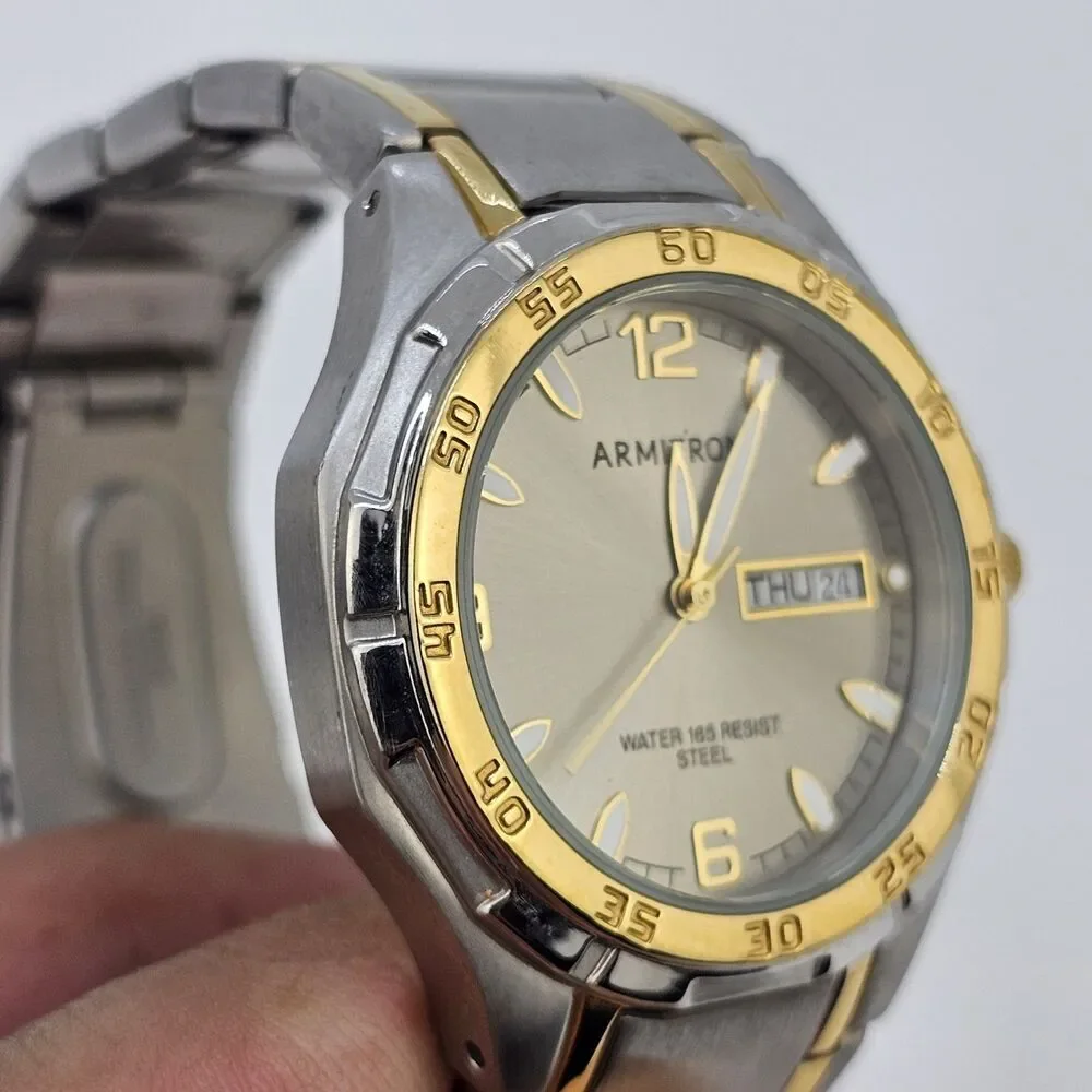 VTG Armitron Men's Watch 37MM Silver Dial Day/Date Two Tone Band 6